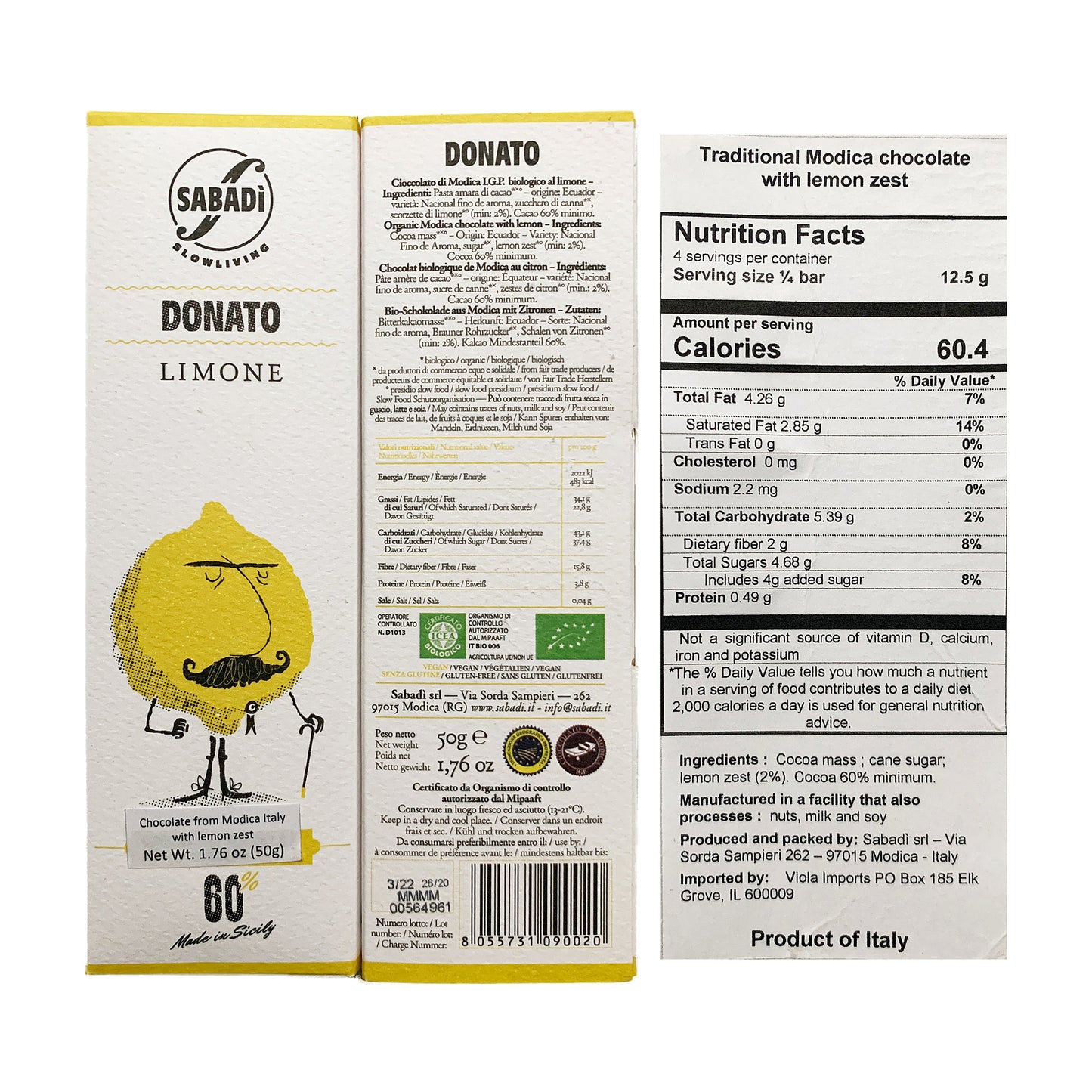 Sabadi Organic Modica Chocolate with Lemon 1.76 oz