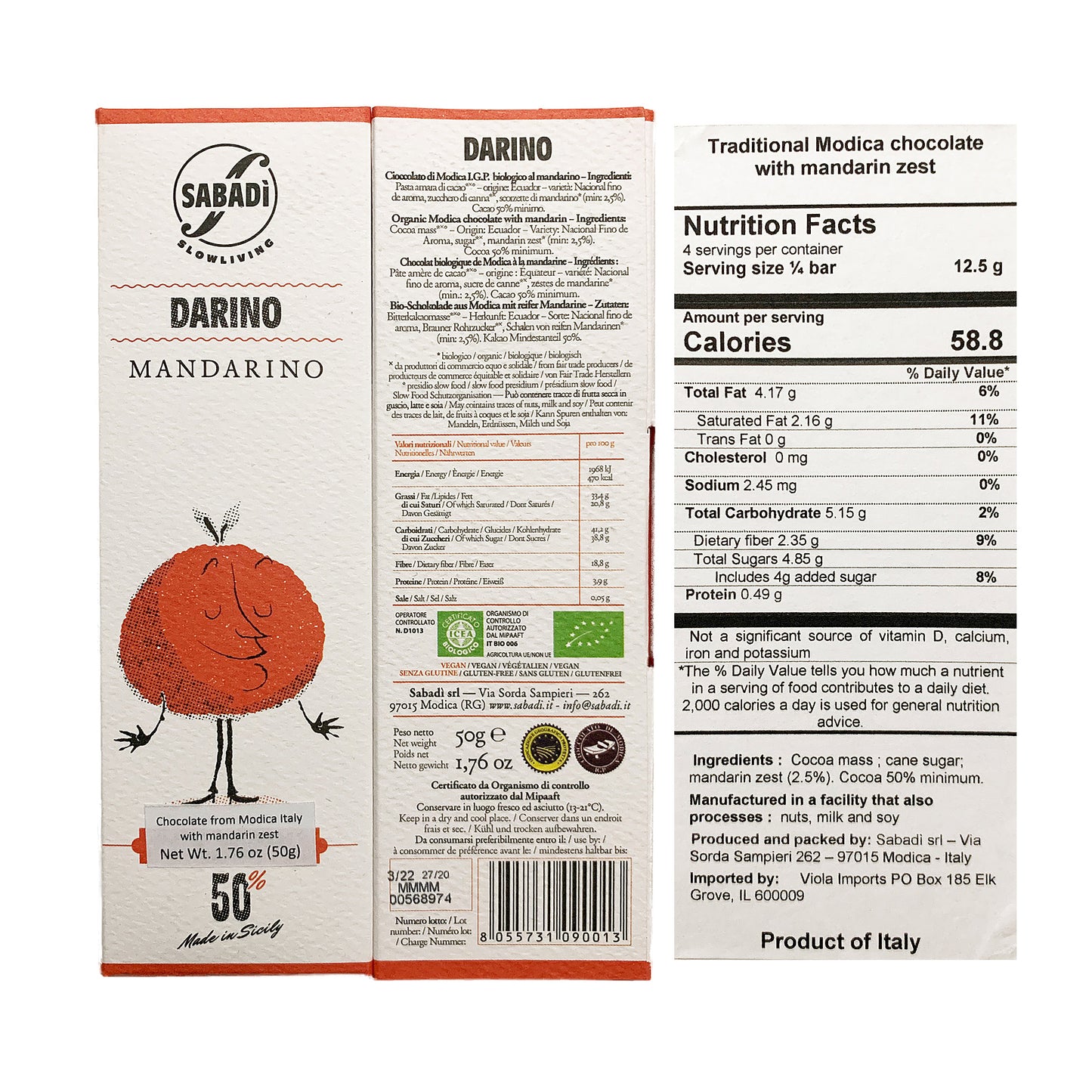 Sabadi Organic Modica Chocolate with Mandarin 1.76 oz