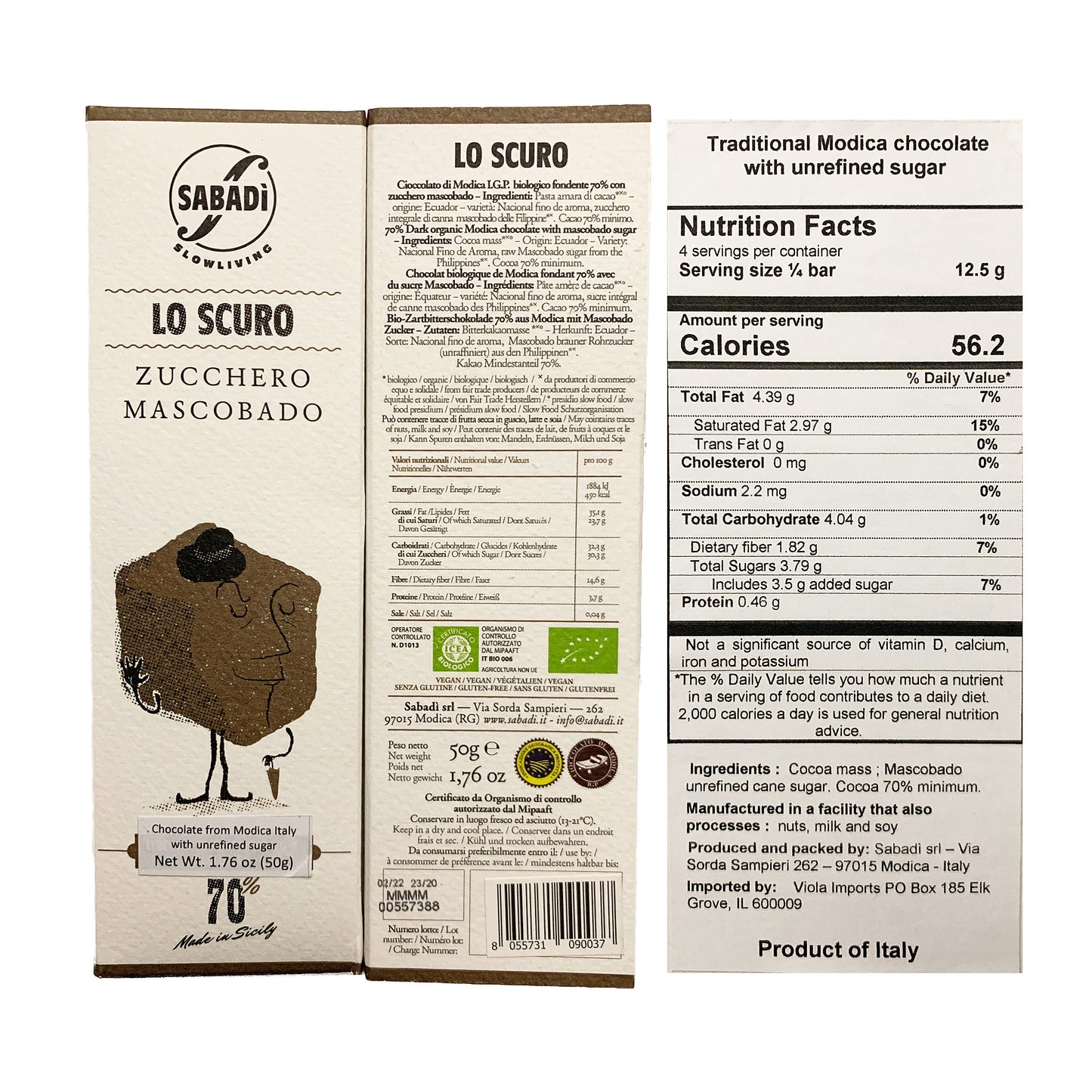 Sabadi 70% chocolate Modica orgánico oscuro con azúcar moscovado 1.76 oz