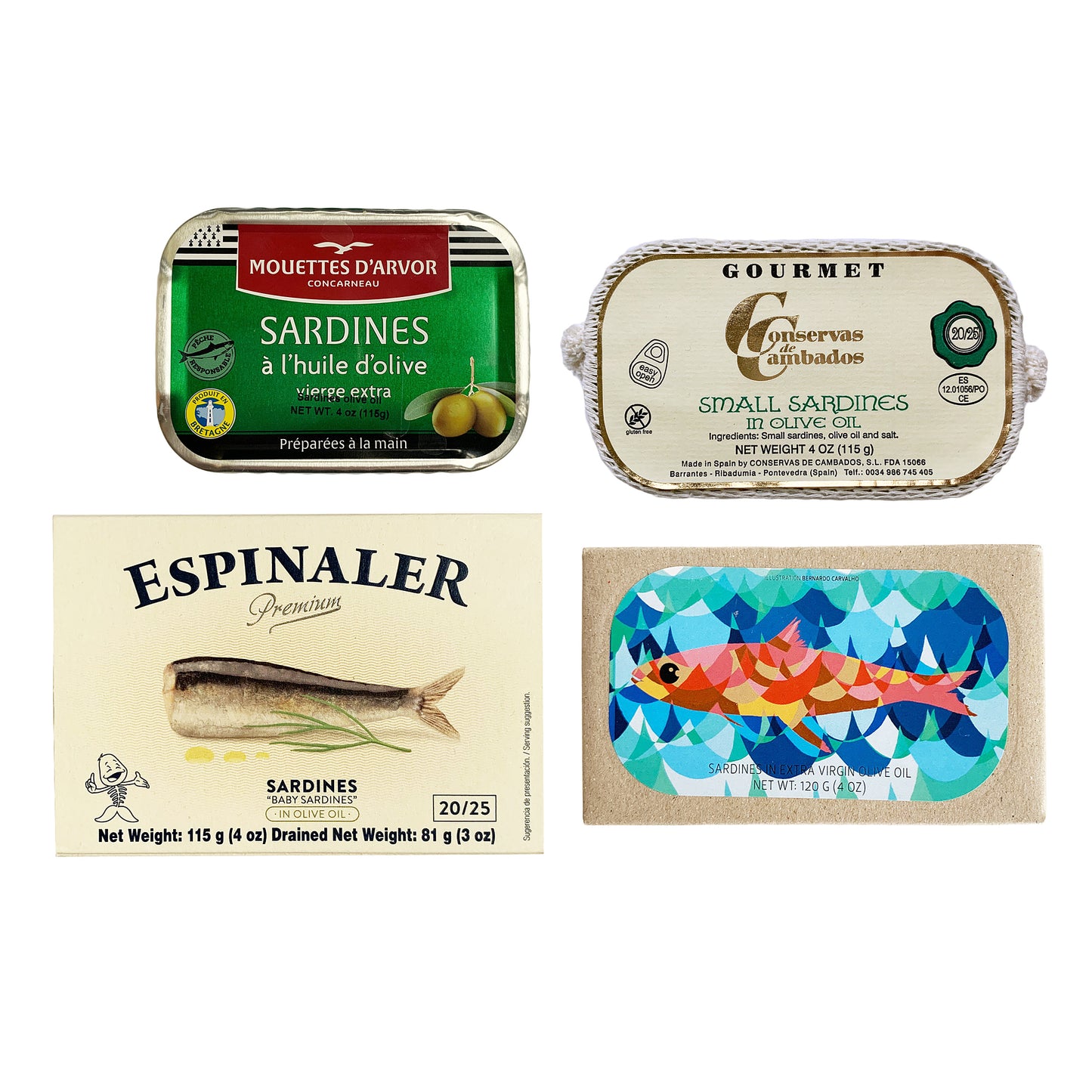 Paquete variado de sardinas premium: incluye sardinas de Les Mouettes D'arvor, Conservas de Cambados, Jose Gourmet y Espinaler (4 piezas)