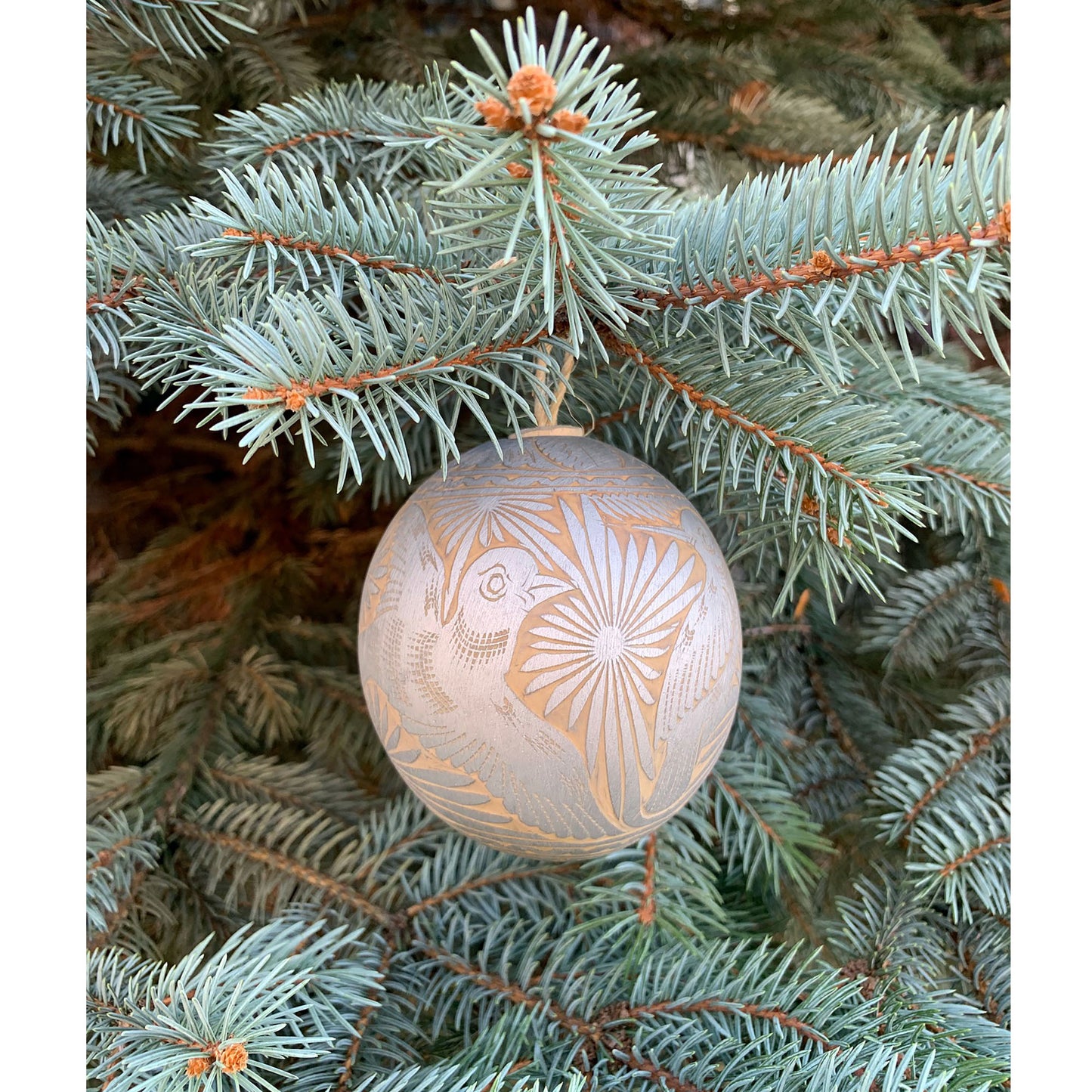 Hand Carved Jicara Gourd Ornaments from Mexico in Silver, White and Gold