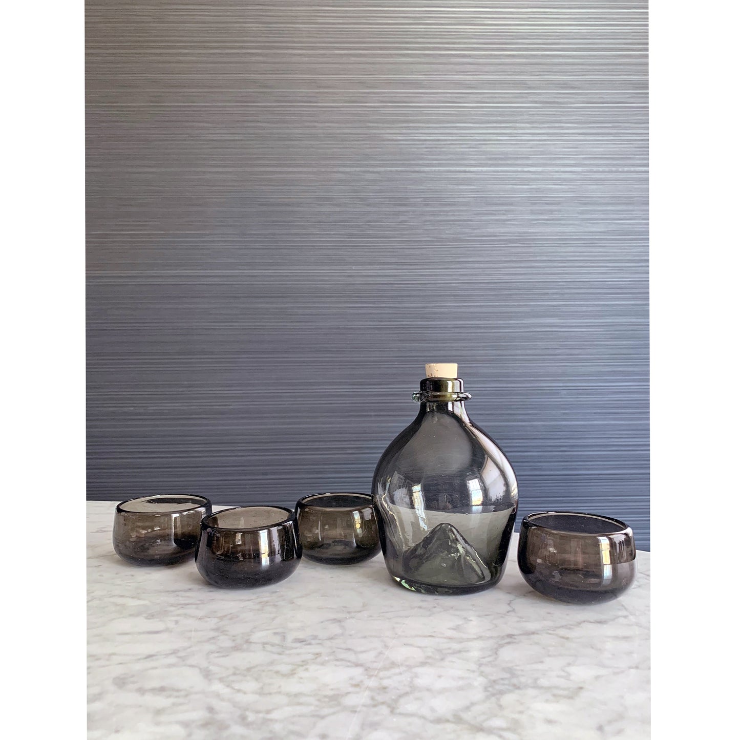 Hand Blown Mexican Glass Decanter Set for Mezcal or Tequila | Includes (1) Bottle + (4) Mezcal Copitas | Handmade in Mexico (Available in Clear, Smoke + Amber)