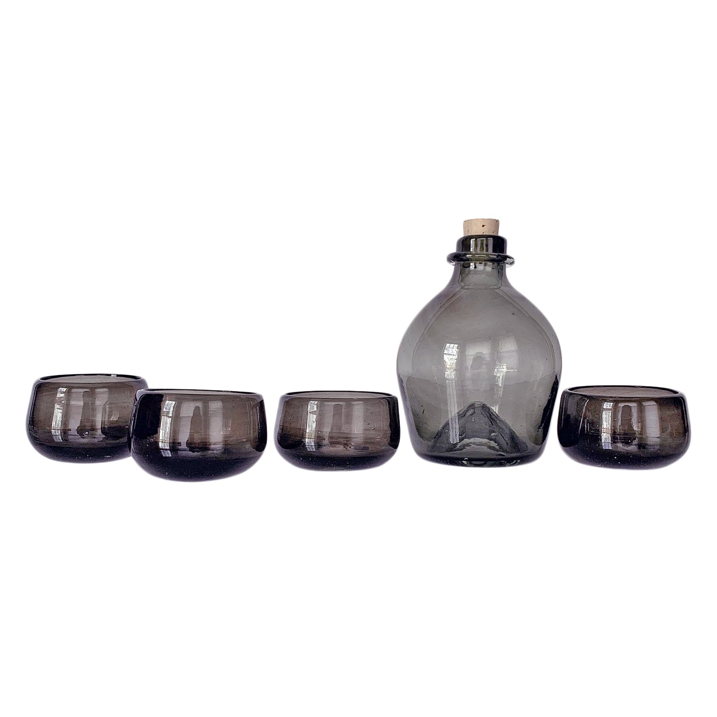 Hand Blown Mexican Glass Decanter Set for Mezcal or Tequila | Includes (1) Bottle + (4) Mezcal Copitas | Handmade in Mexico (Available in Clear, Smoke + Amber)