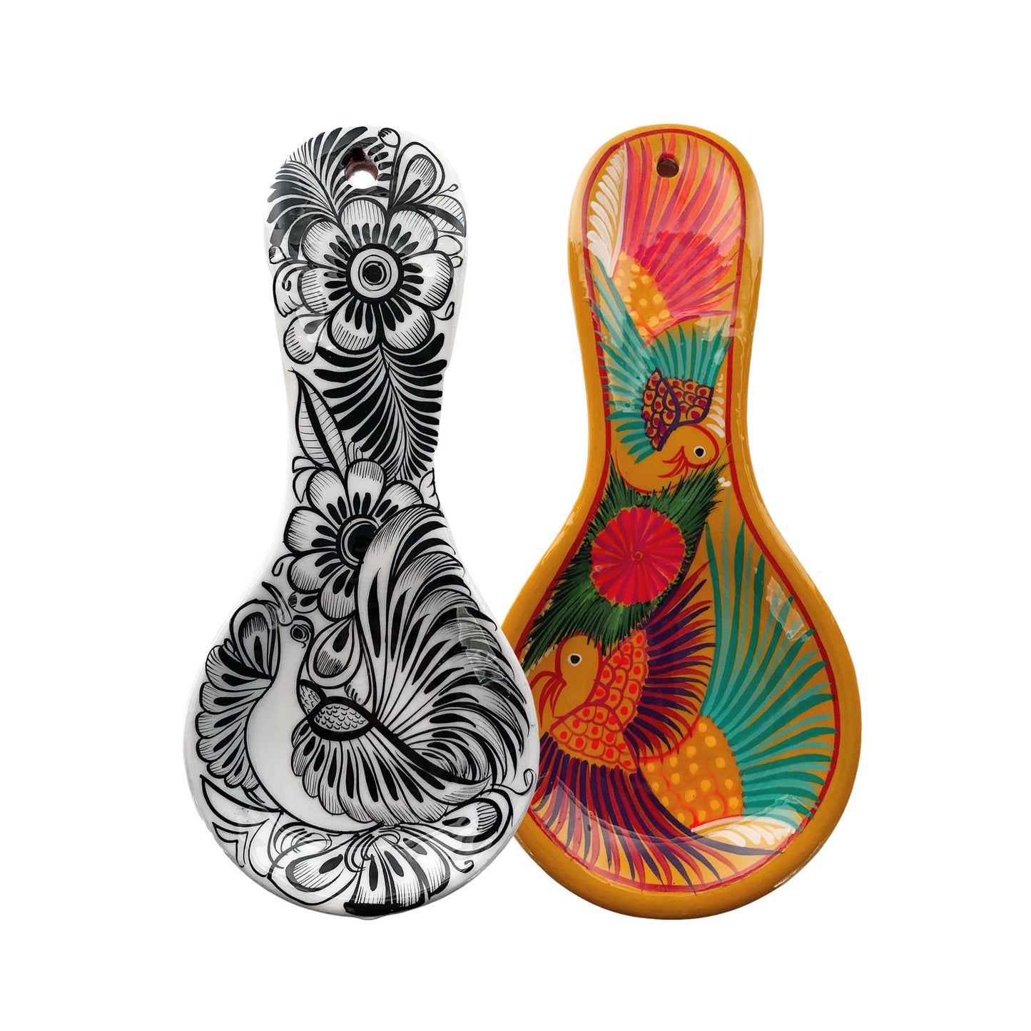 Mexican Hand Painted Ceramic Spoon Rest in White+Black or Yellow+Multi Color