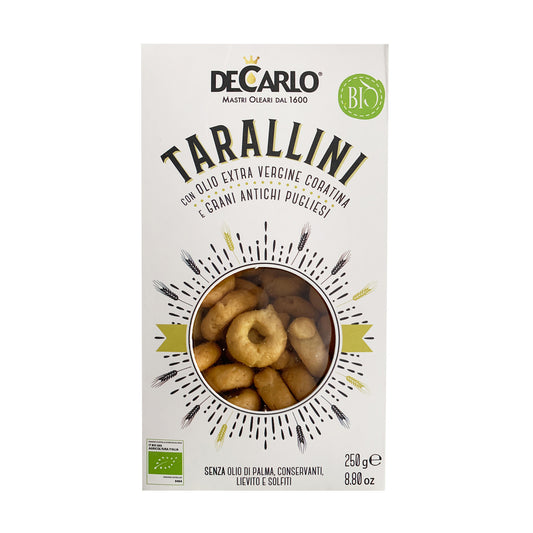 DeCarlo USDA Organic Tarallini with Ancient Pugliesi Grains and Extra Virgin Olive Oil - 250g