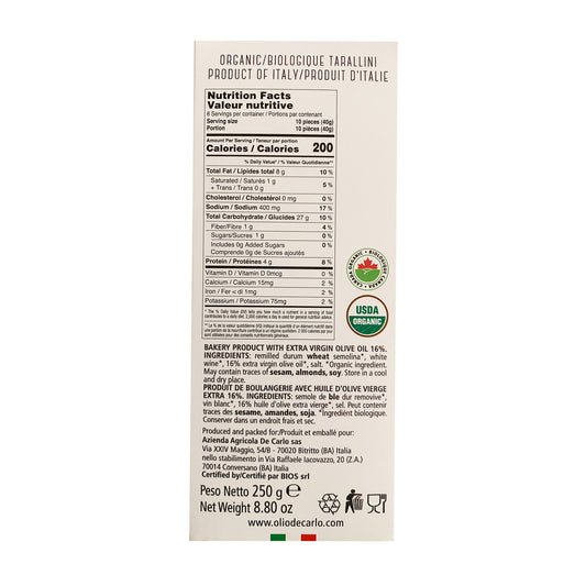 DeCarlo USDA Organic Tarallini with Ancient Pugliesi Grains and Extra Virgin Olive Oil - 250g