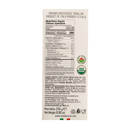 DeCarlo USDA Tarallini orgánico con granos antiguos de Pugliesi y aceite de oliva virgen extra - 250 g 