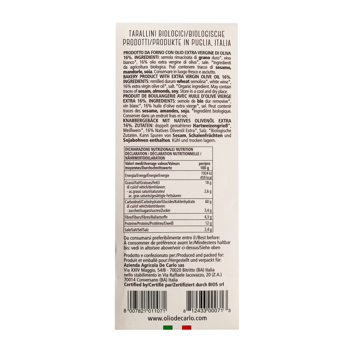 DeCarlo USDA Tarallini orgánico con granos antiguos de Pugliesi y aceite de oliva virgen extra - 250 g 