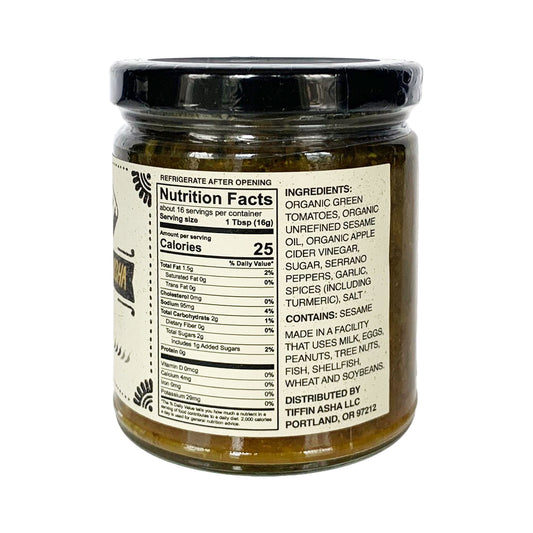 Tiffin Asha Green Tomate Pickle (condimento de chutney de tomate) - 9oz