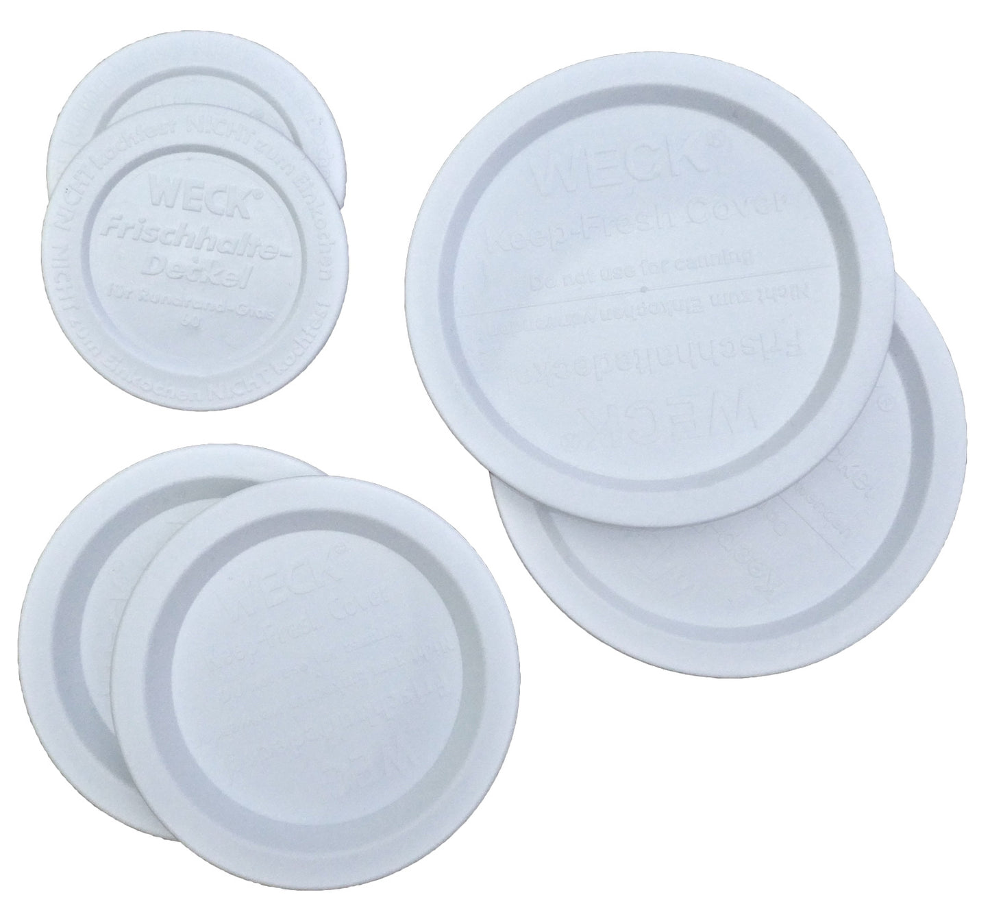 Paquete variado de tapas de plástico Weck Jar Keep-Fresh. Incluye 2 tapas pequeñas, 2 medianas y 2 grandes (6 artículos) Se adapta a todos los modelos de Weck Jar 