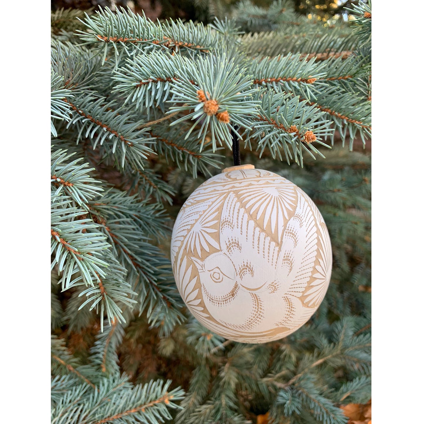 Hand Carved Jicara Gourd Ornaments from Mexico in Silver, White and Gold